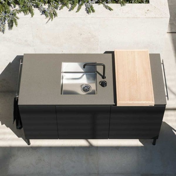 Image of aerial view of RODA Norma exterior sink cabinet with ceramic work surfaces and larch chopping board.