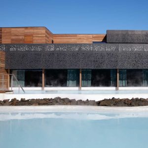 Image of spa house clad in cedar and black Lava panels, which are hand-made by Unknown Furniture