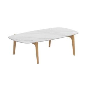 Studio image of Tea Time garden low table with teak legs and Bianco Statuario ceramic top