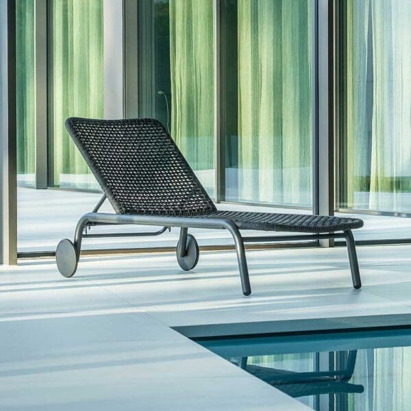 Image of Durham tubular aluminium sunbed with woven Polyolefin rope seat and back, by Jati & Kebon