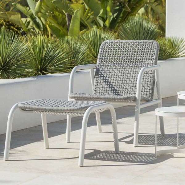 Image of Durham contemporary garden relax chair and foot stool with white aluminium frame and hand-woven Polyolefin rope seat and back