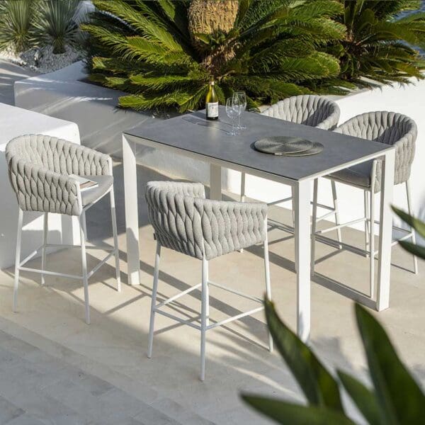 Image of Fortuna Socks garden bar stool by Jati & Kebon which features a cozy Olefin woven "sock" seat & back