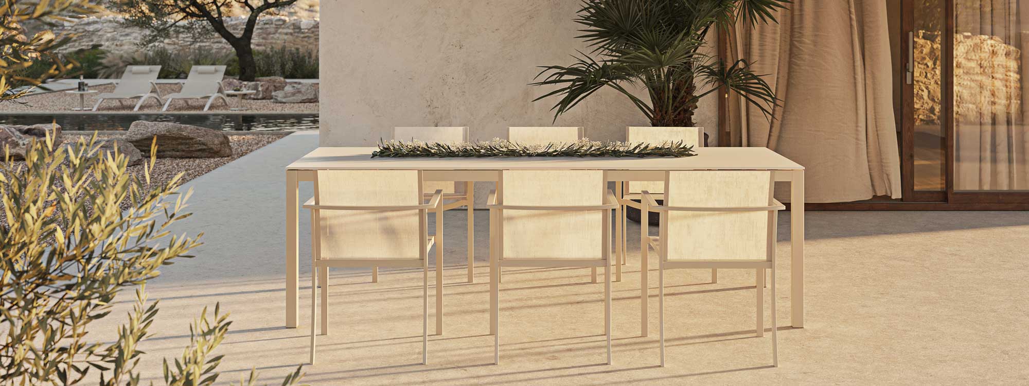 Image of white Ozon garden chairs and Taboela white dining table by Royal Botania