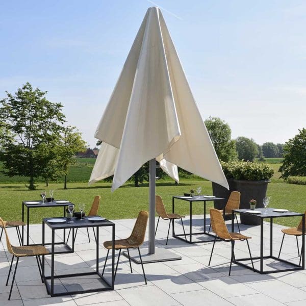 Image of Prostor P8 large square parasol's canopy closing above regular table top height