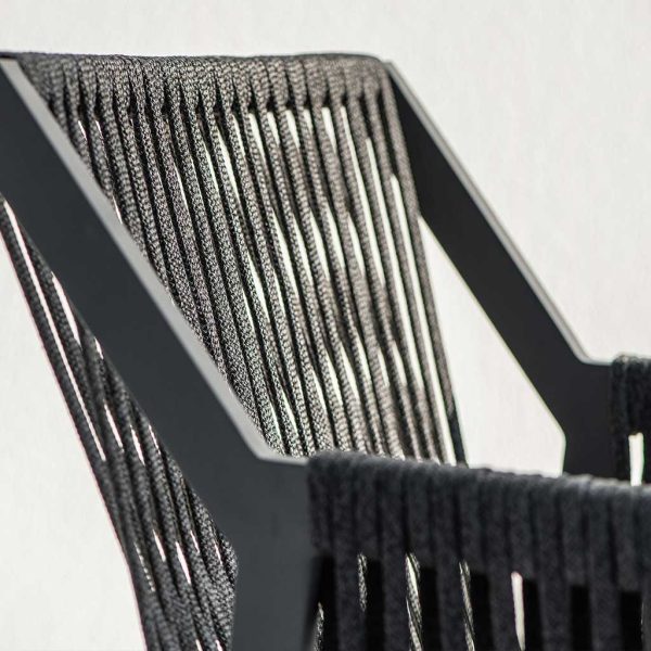 Image of detail of hand-woven pololefin rope back and arms of Ritz Aluminium garden chair by Jati & Kebon
