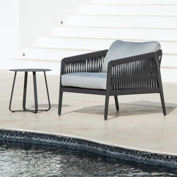 Image of Ritz garden relax chair with charcoal aluminium frame and woven charcoal polyolefin back and arms, with light grey back and seat cushions