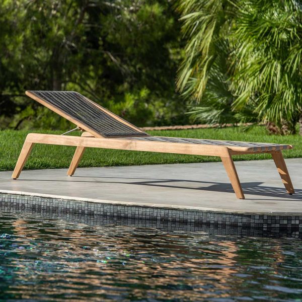 Image of Ritz modern sun lounger in FSC certified teak with hand-woven Polyolefin rope seat and back by Jati & Kebon