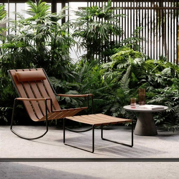 Image of Strappy garden rocking chair and foot rest in cognac coloured Polyskin synthetic leather