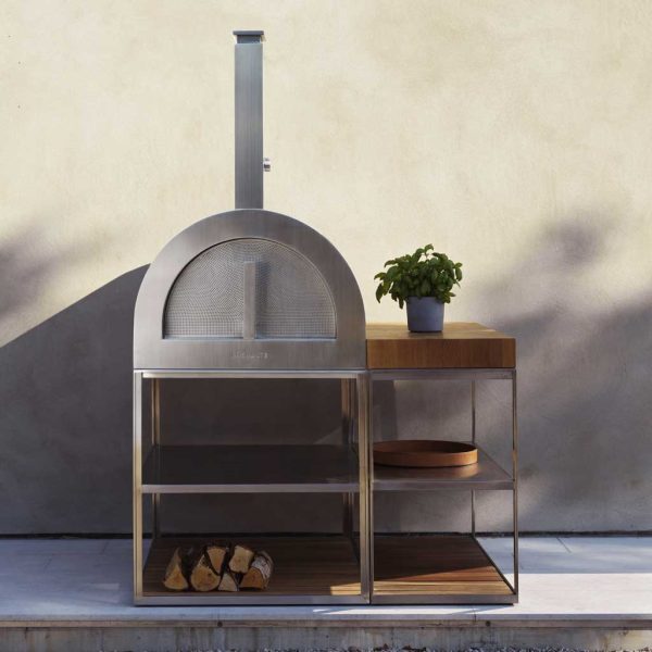 Image of Roshults stainless steel pizza oven next to stainless steel cabinet with teak chopping block and shelves