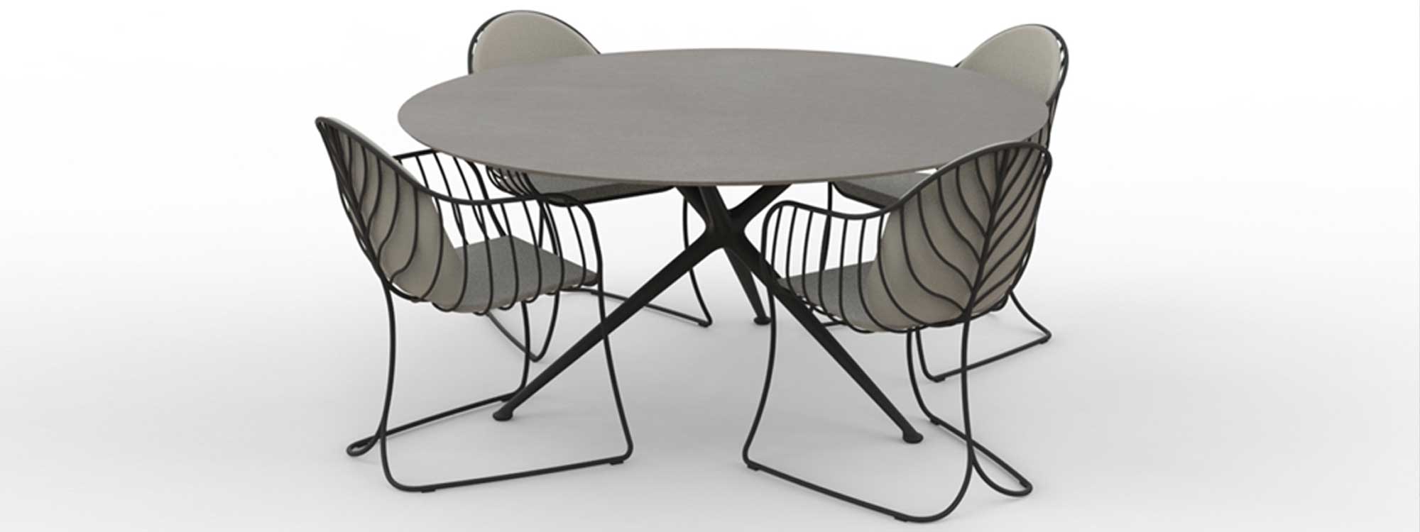 Render of Folia garden chairs and Exes circular dining table by Royal Botania.