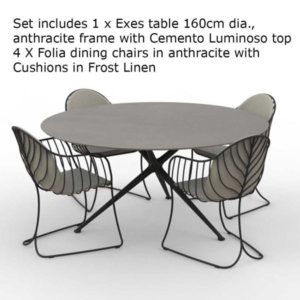 Render of Folia garden chairs and Exes circular dining table by Royal Botania