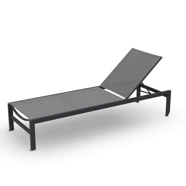 Studio image of Jati & Kebon Sylt adjustable sun lounger with charcoal aluminium frame and silver-grey textilene fabric seat & back