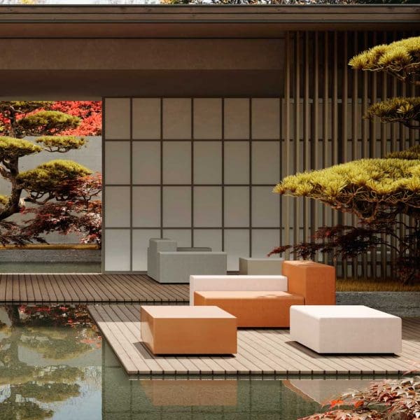Image of Oiside Elements modern garden lounge furniture in tranquil Japanese water garden, including cloud pruned fir trees and acer trees