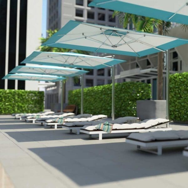 Image of row of Tuuci cantilever hospitality parasols on hotel poolside