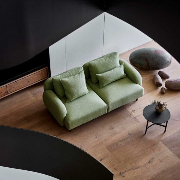 Image of aerial view of Aura modern 2 seat sofa with upholstery in Light-Green Cane-line Zen fabric