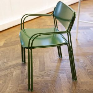 Image of pair of stacked Libelle elegant garden chairs in lacquered green steel by Grythyttan