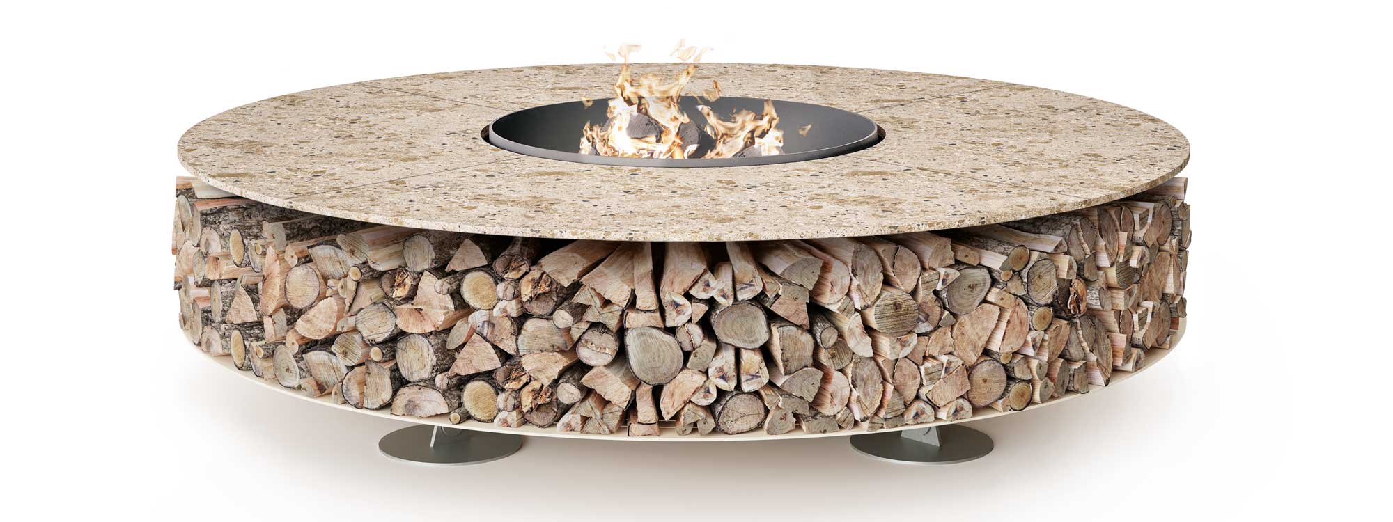 Studio image of lit AK47 Zero circular fire pit with Arlecchino ceramic surround