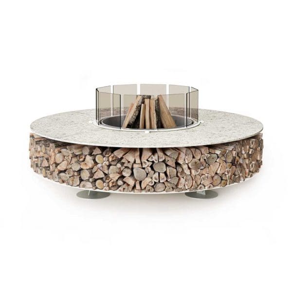 Image of AK47 Zero ceramic fire pit with Bianco greco surround and smoked glass fire screen panels