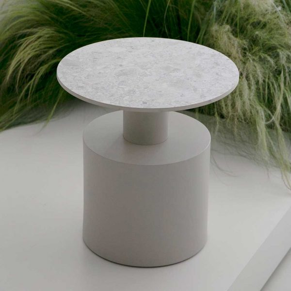 Image of Oiside Drums geometric outdoor low table with light-grey cylindrical base and circular ceramic table top