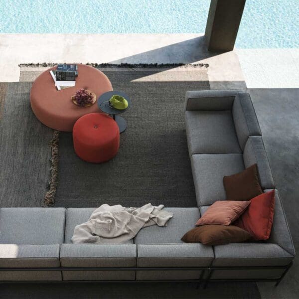Image of aerial view of RODA Estendo contemporary garden corner sofa and Double round garden poufs