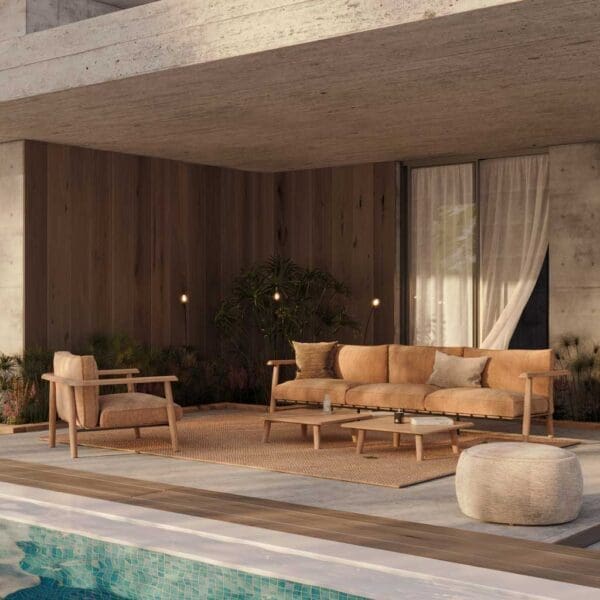 Image of Mambo 3 seat teak garden sofa with plump brown cushions by Royal Botania on stylish poolside