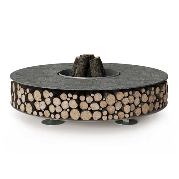 Studio image of AK47 Zero luxury fire pit with top surround in Nero ombrato ceramic