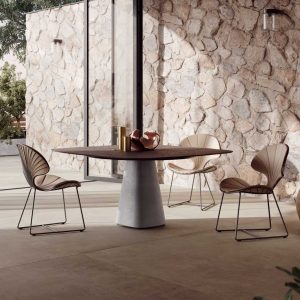 Image of Royal Botania Ostrea organic design garden chairs and Conix modern pedestal garden table