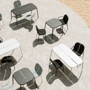 Image of birds eye view of Oiside aluminium outdoor dining furniture with laid-back and rounded design by Bambú Studio