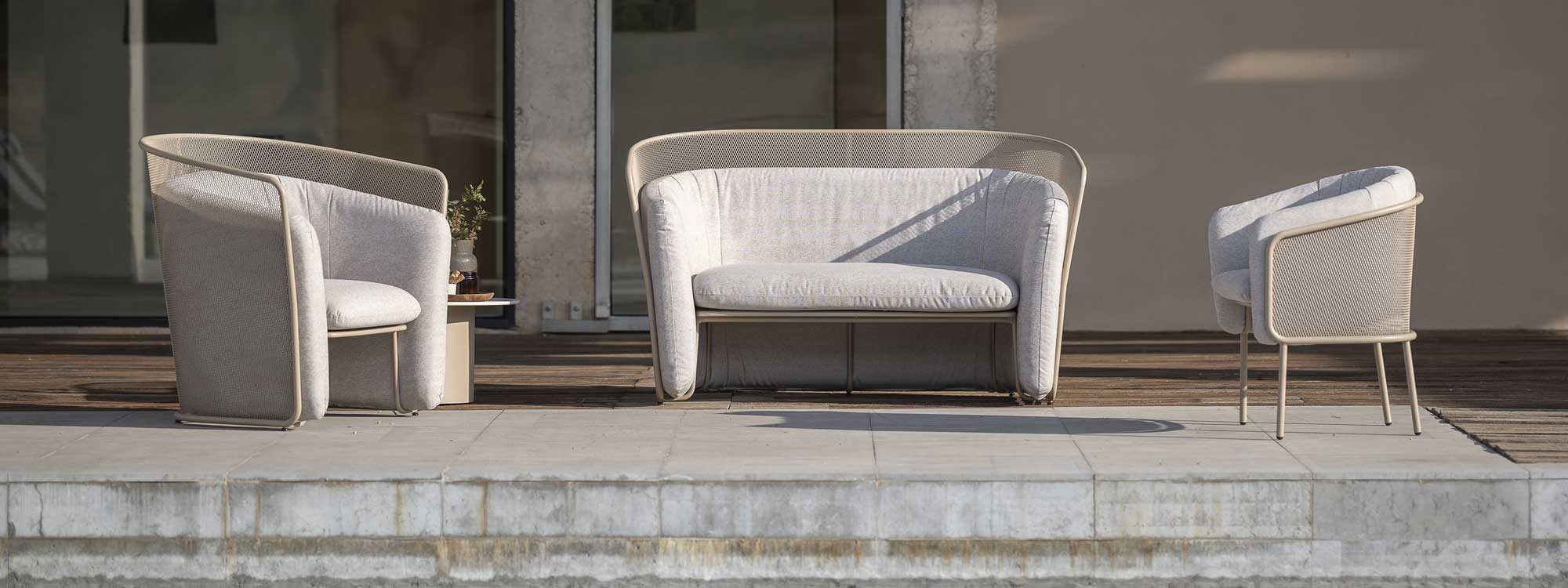 Image of Slide modern 2 seat garden sofa and lounge chairs in Latte colour finish by Todus