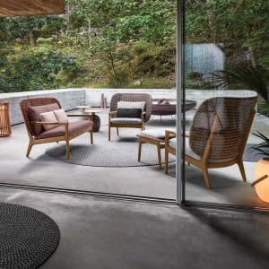 Image of Kay modern garden relax chairs and 2 seat sofa by Gloster on minimalist terrace