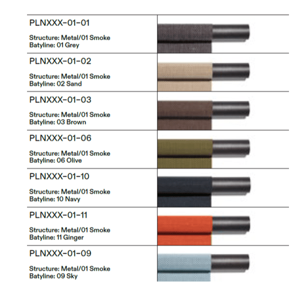 Image of different Smoke structure and Batyline finish combinations for RODA furniture