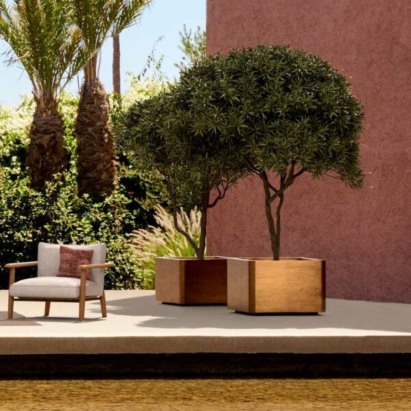 Image of pair of Cuprum luxury square planters next to Royal Botania teak sofa on sunny terrace