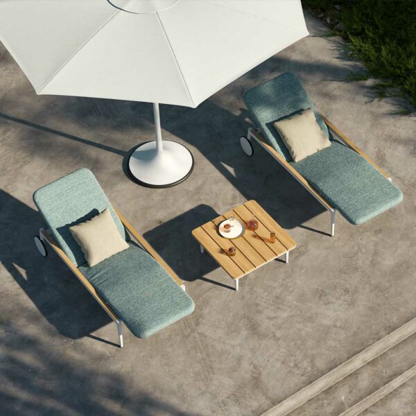 Image of 2 Styletto luxury sun loungers with low table and Palma parasol in between, by Royal Botania