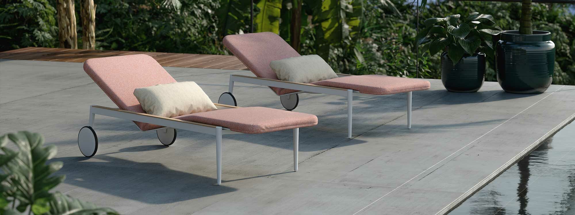Image of pair of Styletto contemporary sun loungers with rose cushions by Royal Botania