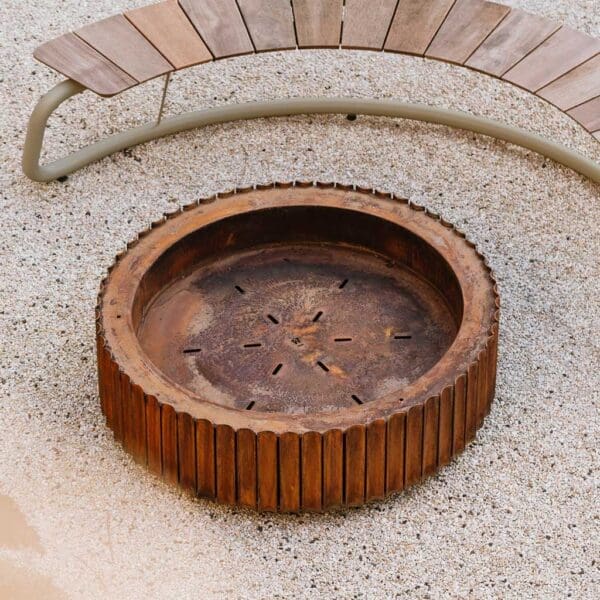 Image of aerial view of The Ring round garden firepit and The Circle curved garden bench by Wunder, Belgium