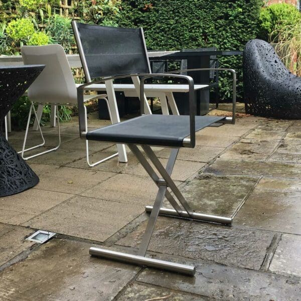 Image of Fellini outdoor director chair in brushed stainless steel and black Sun fabric