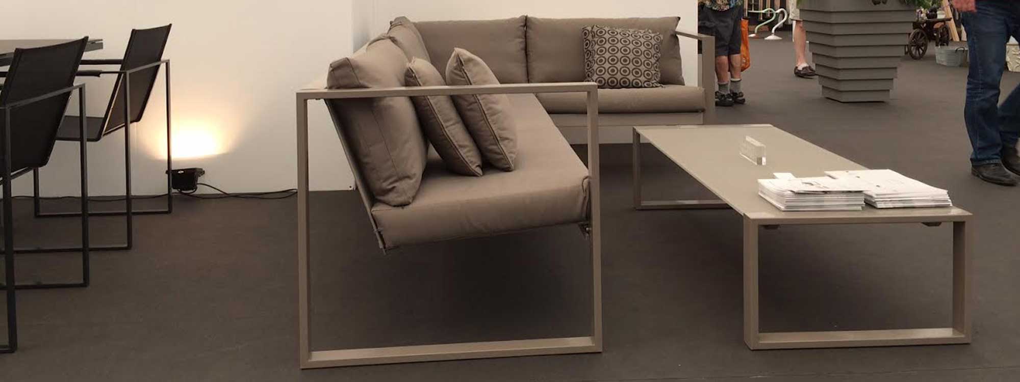 Image of FueraDentro Cima Lounge minimalist garden sofa, shown at Grow London exhibition in Hampstead, London