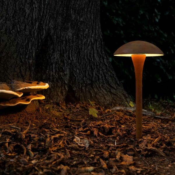 Nighttime image of Royal Botania Fungy garden light in rusted iron, next to illuminated funghi growing from tree trunk