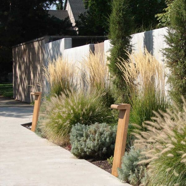 Image of Royal Botania Septem teak bollard lights in border, with tall grasses in the background