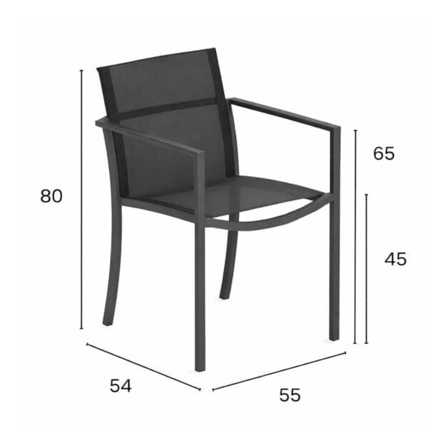 Studio image of Royal Botania O-ZON garden armchair with dimensions overlaid