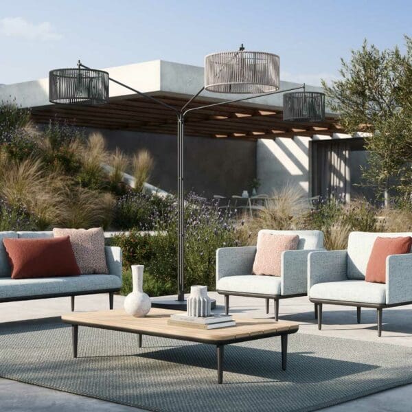 Image of Luniz multi-headed standard lamp and Styletto Lounge outdoor furniture by Royal Botania