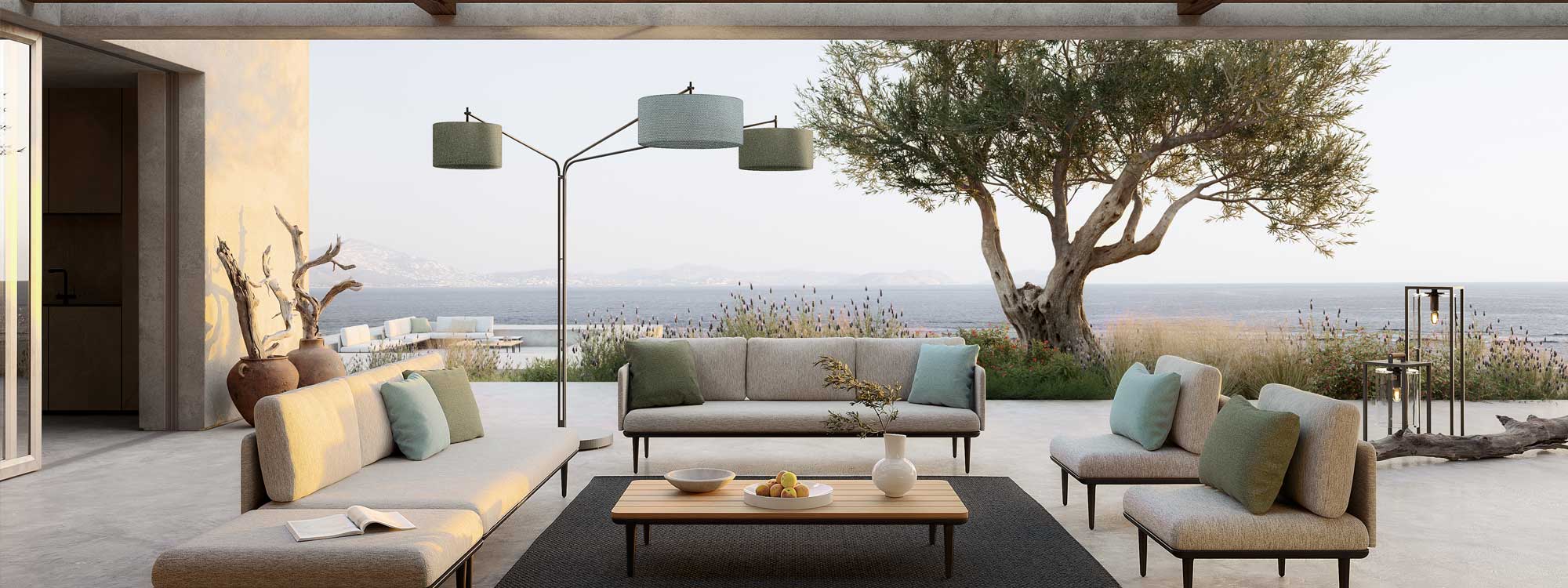 Image of Luniz outdoor floor lamp and Styletto Lounge garden sofa by Royal Botania
