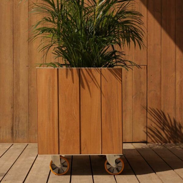 Image of Vondom Vineyard modern wooden planter with wheels on sunny wooden decking