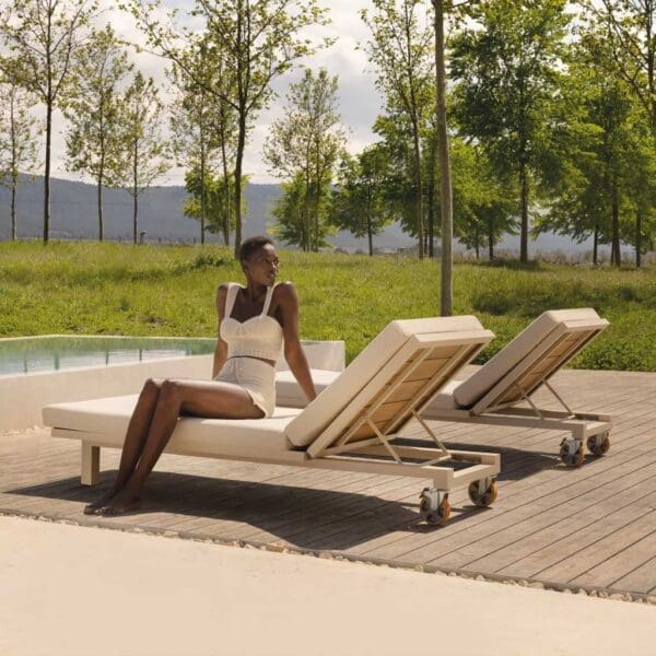 Image of pair of Vineyard contemporary sunbeds in white aluminium & teak by Vondom