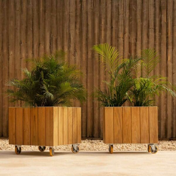 Image of pair of Vondom Vineyard square teak plant pots with wheels