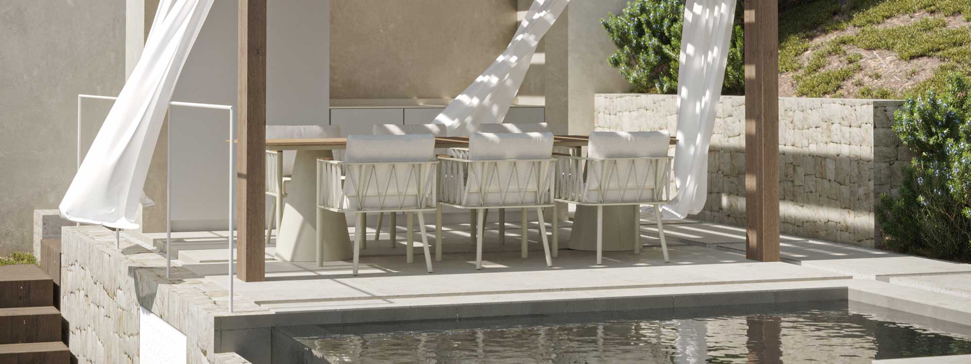 Image of Ava geometric garden dining furniture by Oiside, shown beneath shady pergola with curtains blowing in the breeze