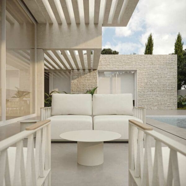 Image of detail of Ava garden chair's webbed arms, white aluminium frame and iroko armrests by Oiside