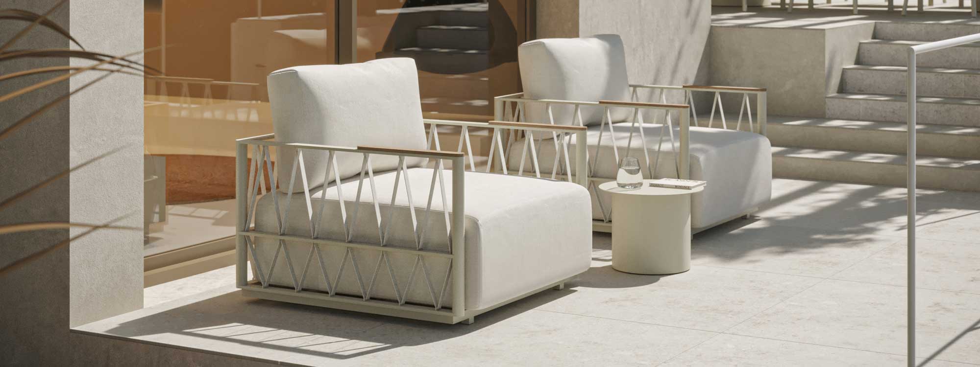 Image showing webbed sides and teak armrests of Ava luxury garden chairs by Oiside