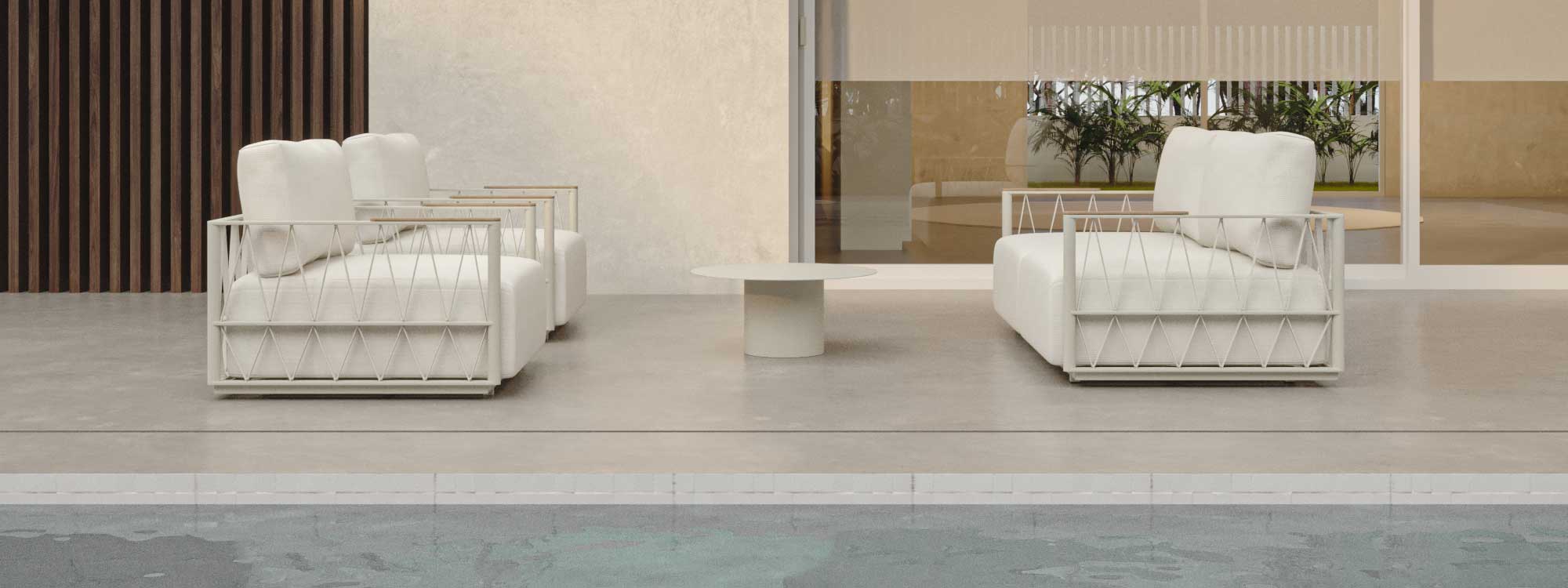Image of Ava white sofa and lounge chairs by Oiside on sleek outdoor terrace