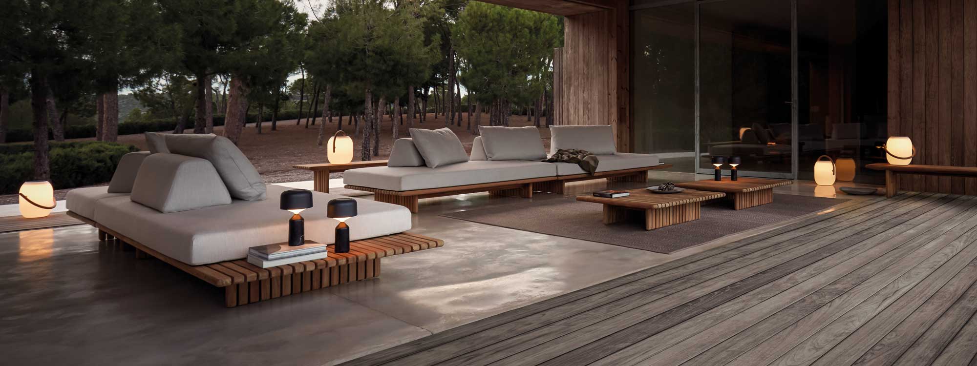 Image of Deck modern teak garden sofa and daybeds with Pebble outdoor lights by Gloster